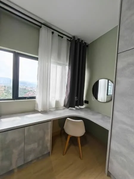 Study features: corner desk with grey surface, white chair, floor-to-ceiling windows, blackout curtains, sheer curtains, green painted walls, mirror on wall, wooden flooring; style: modern; view: city.