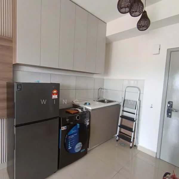Kitchen features: grey cabinetry, stainless-steel sink, chrome faucet, built-in countertop, black refrigerator, front-load washing machine, step ladder, tile flooring, recessed lighting, wall-mounted cabinets; style: modern.