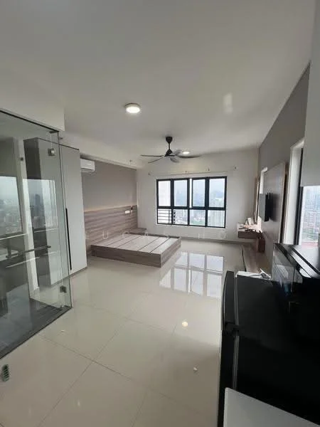Bedroom features: floor-to-ceiling windows, grey painted walls, white ceiling, 5-blade ceiling fan with light, built-in wardrobe, wall-mounted TV, tile flooring, bed frame without mattress, glass shower enclosure, air conditioning unit, wooden accent wall; style: modern; view: city.