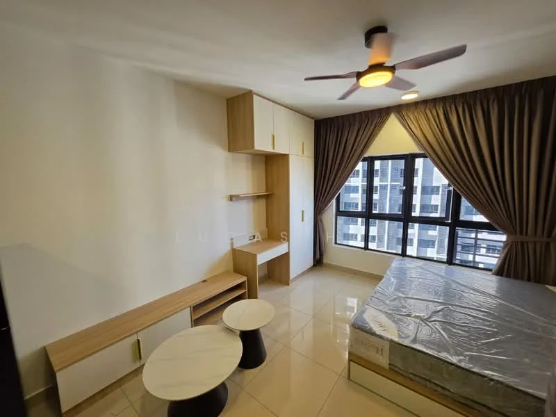 Bedroom features: queen-size bed, upholstered headboard, 2 side tables with marble tops, wooden bench, built-in wardrobe, wall-mounted shelf, floor-to-ceiling windows, curtains, ceiling fan with light, glossy tile flooring; style: modern; view: city.