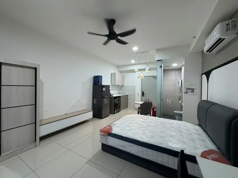 Room features: white painted walls, tile flooring, 5-blade ceiling fan, wall-mounted air conditioning unit, queen-size bed, upholstered headboard, built-in wardrobe with sliding doors, TV console, kitchenette with countertop, stainless-steel sink, single-bowl stainless-steel sink, refrigerator, microwave, pendant lighting, fire extinguisher; style: modern.