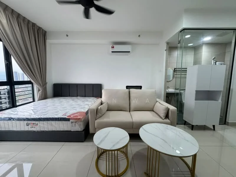 Bedroom features: queen-size bed with grey upholstered headboard, sofa in beige fabric, two round coffee tables with white marble tops and gold frames, floor-to-ceiling windows, curtains in light beige, wall-mounted air conditioning unit, light-colored tiled flooring, recessed downlights, built-in wardrobe with white finish, glass shower enclosure visible in bathroom area; style: modern; view: city.
