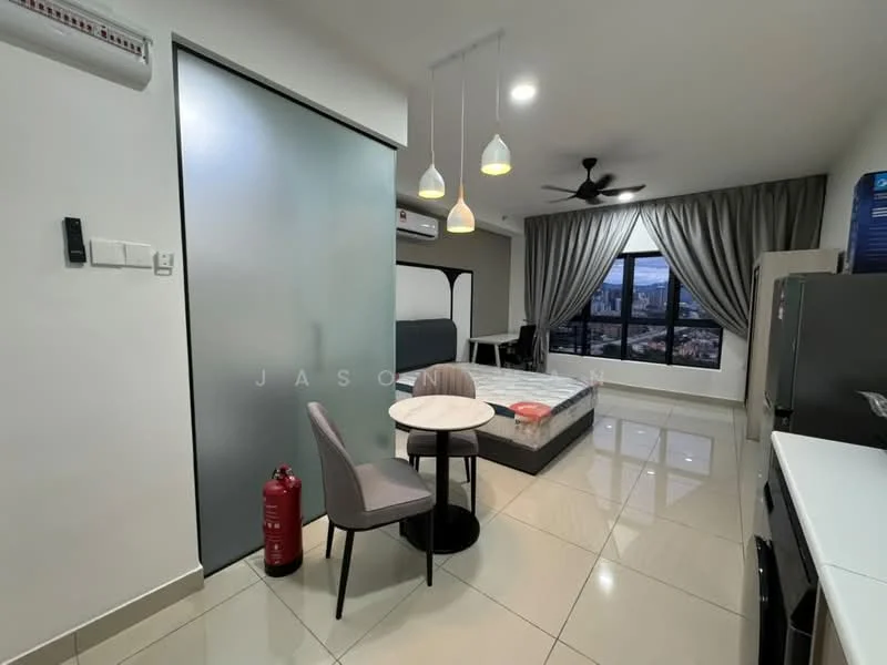 Living features: floor-to-ceiling windows, grey curtains, 5-blade ceiling fan with light, recessed downlights, white walls, cream tiled flooring, round dining table, upholstered dining chairs, sofa bed, fire extinguisher, kitchenette with white cabinetry, stainless-steel fridge; style: modern; view: city.