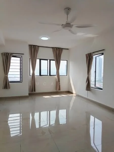 Room features: white painted walls, glossy tile flooring, 5-blade ceiling fan, floor-to-ceiling windows, sheer curtains, natural light, neutral color scheme, city view; style: modern; view: city.