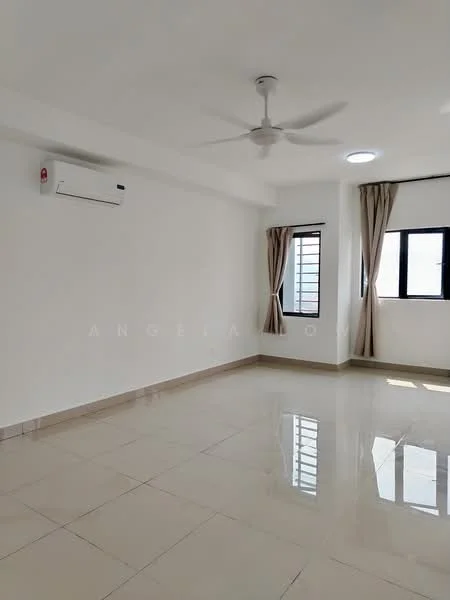 Living features: white painted walls, glossy ceramic tile flooring, 5-blade ceiling fan, 1 wall-mounted split AC, two windows with black frames, curtains in beige, neutral color scheme, open layout; style: modern.