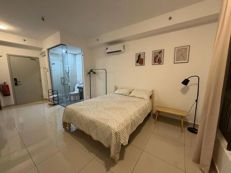 Bedroom features: queen-size bed with patterned bedding, wooden bedside table, black floor lamp, wall-mounted air conditioning unit, sliding glass shower enclosure, white tiled flooring, white painted walls, framed artwork on walls, curtains on window; style: modern.
