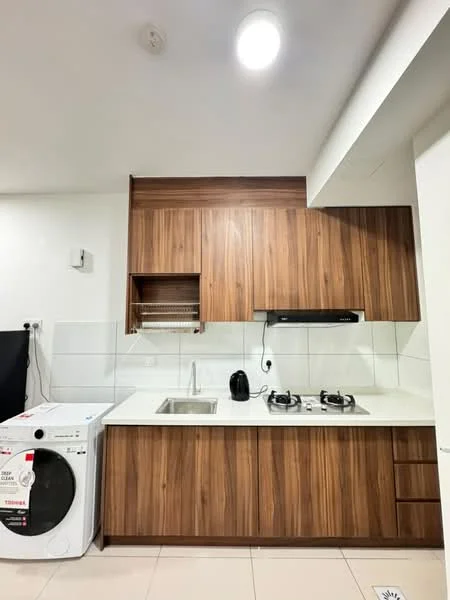 Kitchen features: wood cabinetry, white quartz countertop, single-bowl stainless-steel sink, chrome pull-down faucet, 2-burner gas hob, built-in range hood, white tiled backsplash, washing machine, kettle, under-cabinet lighting, recessed ceiling lights, tile flooring; style: modern.