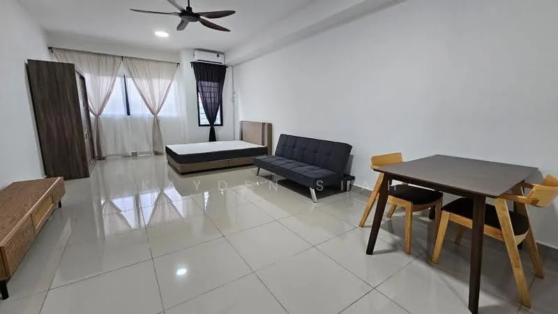 Living features: white painted walls, glossy tile flooring, 5-blade ceiling fan with light, floor-to-ceiling window, sheer curtains, blackout curtains, sofa bed in grey, wooden dining table, 4 wooden dining chairs, TV console in wood, queen-size bed, air conditioning unit; style: modern; view: city.