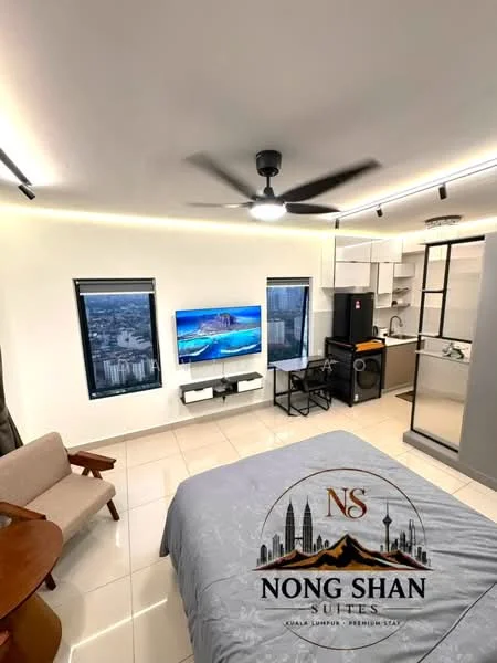 Bedroom features: king-size bed with grey bedding, 5-blade ceiling fan with light, wall-mounted TV, floating TV console, floor-to-ceiling windows, curtains, light-colored walls, tile flooring, open kitchen area with countertop, refrigerator, kitchen cabinetry; style: modern; view: city.