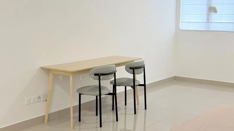 Room features: light-coloured wooden table, two grey upholstered chairs, white painted walls, large window with natural light, glossy tile flooring; style: modern.