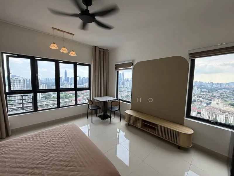 Bedroom features: king-size bed with beige bedding, floor-to-ceiling windows, city skyline view, light wood console table, 4-seater dining table, black ceiling fan with light, curtains, polished ceramic tile flooring, wall-mounted TV, decorative wall panel; style: modern; view: city.