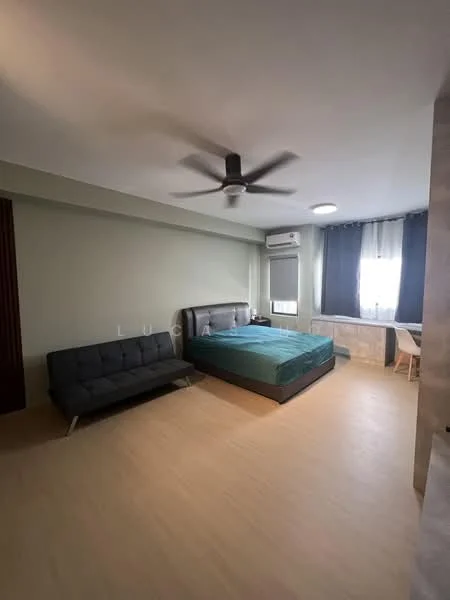 Bedroom features: queen-size bed with upholstered headboard, grey fabric sofa, 5-blade ceiling fan, wall-mounted split AC, large window with sheer curtains, wooden flooring, light green painted walls, desk with chair; style: modern.