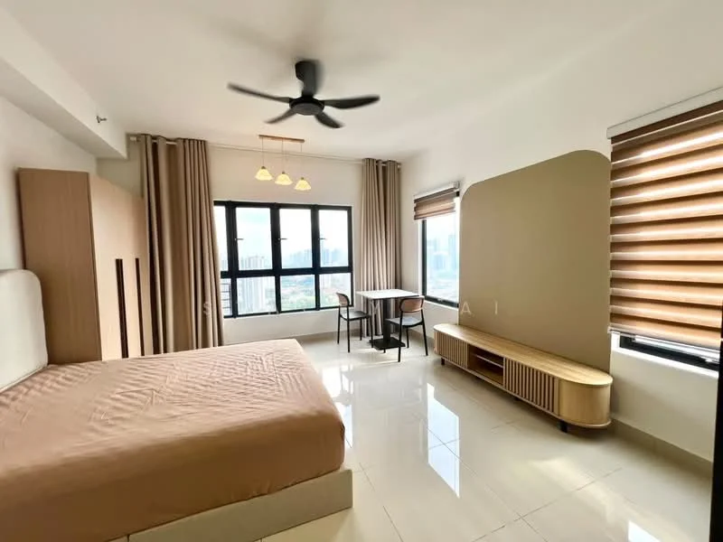 Bedroom features: king-size bed with upholstered headboard, 2 bedside lamps, built-in wardrobe, floor-to-ceiling windows, roller blinds, 5-blade ceiling fan with light, dining table for 2, wooden sideboard, cream painted walls, glossy tile flooring; style: modern; view: city.
