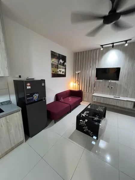 Living features: 3-seater maroon fabric sofa, glass coffee table with floral design, wall-mounted TV, black refrigerator, light floor tiles, white painted walls, wood panel accent wall, ceiling fan with light, floor lamp, TV console; style: modern.