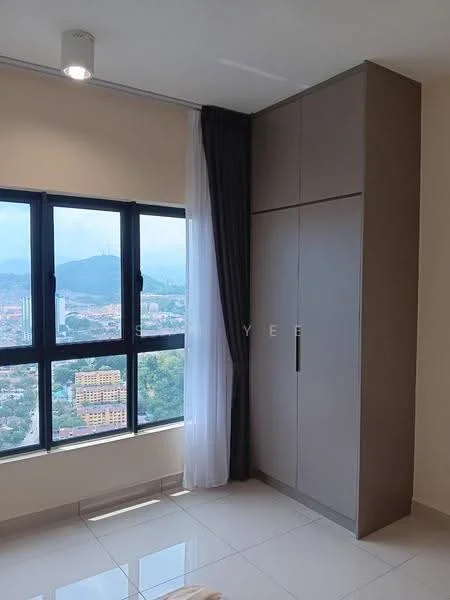 Bedroom features: floor-to-ceiling windows, grey built-in wardrobe, white sheer curtains, cream painted walls, tile flooring, recessed ceiling light, mountain view, city view; style: modern; view: city.