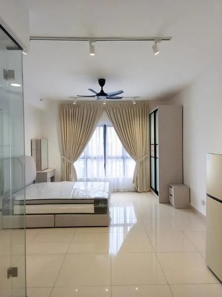 Bedroom features: queen-size bed, upholstered headboard, floor-to-ceiling windows, sheer curtains, 5-blade ceiling fan with light, white painted walls, glossy tile flooring, built-in wardrobe with sliding doors, nightstand, refrigerator; style: modern.