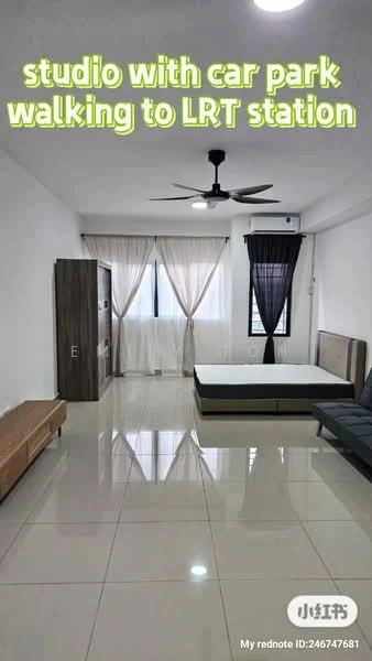 Room features: white painted walls, glossy tile flooring, ceiling fan, floor-to-ceiling windows with sheer curtains, blackout curtains, wooden wardrobe, wooden bed frame, sofa bed, light fixture, neutral color scheme; style: modern.