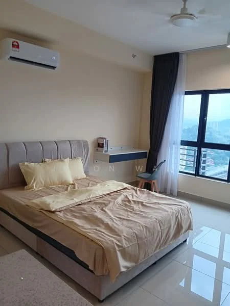 Bedroom features: king-size bed with upholstered headboard, yellow bedding, 2 bedside pillows, 1 wall-mounted split AC, floor-to-ceiling window, curtains, light-colored walls, glossy tile flooring, ceiling fan, built-in wall shelf; style: modern; view: city.