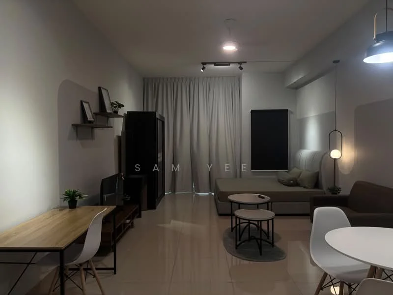 Living features: grey painted walls, glossy tile flooring, sofa in light grey, coffee table with black frame, round dining table in white, wooden dining chairs, black shelving unit, floor-to-ceiling curtains, recessed downlights, pendant light fixture, wall-mounted TV, decorative plants; style: modern.