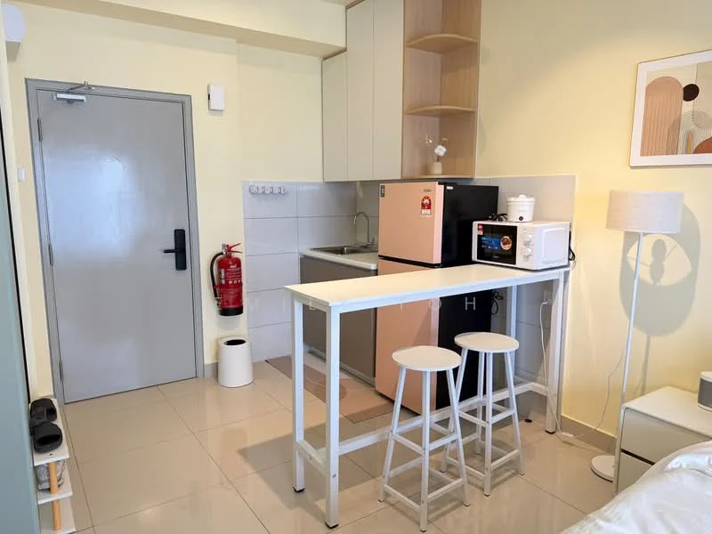 Kitchen features: light yellow painted walls, white cabinetry, black refrigerator, stainless-steel sink, built-in countertop, microwave, kettle, bar stools, fire extinguisher, tile flooring, wall-mounted light, open shelving; style: modern.