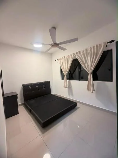 Bedroom features: queen-size bed with black upholstered headboard, white painted walls, glossy tile flooring, 5-blade ceiling fan with light, floor-to-ceiling windows, sheer curtains, black bedside table; style: modern.