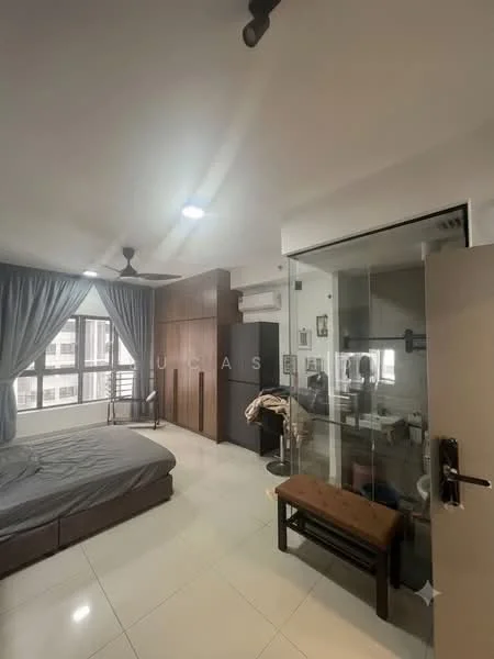 Bedroom features: queen-size bed with grey bedding, wooden headboard, 2 bedside lamps, built-in wardrobe with sliding doors, floor-to-ceiling windows with sheer curtains, 5-blade ceiling fan with light, white painted walls, tile flooring, decorative wall art, wooden bench at foot of bed; style: modern. Kitchen features: black refrigerator, open shelving, kitchen countertop, stainless-steel sink, built-in cabinets.