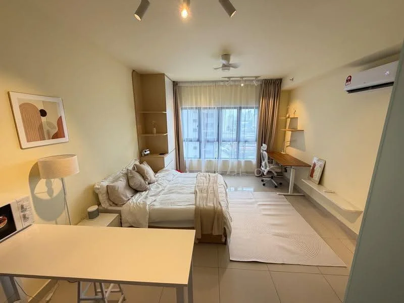 Bedroom features: queen-size bed with white bedding, upholstered headboard, 2 bedside lamps, study desk with white surface, white office chair, built-in wardrobe, floor-to-ceiling windows with sheer curtains, light-colored walls, recessed ceiling lights, light-colored flooring, decorative artwork on the wall, air conditioning unit mounted on the wall; style: modern; view: city.