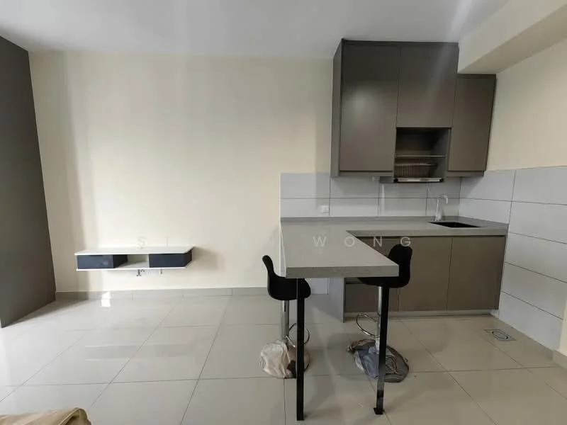 Kitchen features: grey cabinetry, white tiled backsplash, black countertop, single-bowl stainless-steel sink, chrome pull-down faucet, bar-height dining table, two black bar stools, white walls, glossy tile flooring, built-in kitchen cabinet, open shelving, under-cabinet lighting; style: modern.