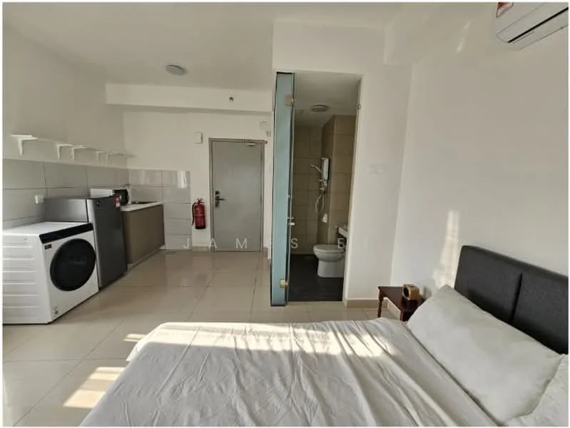 Room features: white painted walls, tile flooring, 1 wall-mounted split AC, built-in shelving, fridge, washing machine, door to bathroom, glass shower enclosure, bed with white bedding, small bedside table, window with natural light; style: modern.