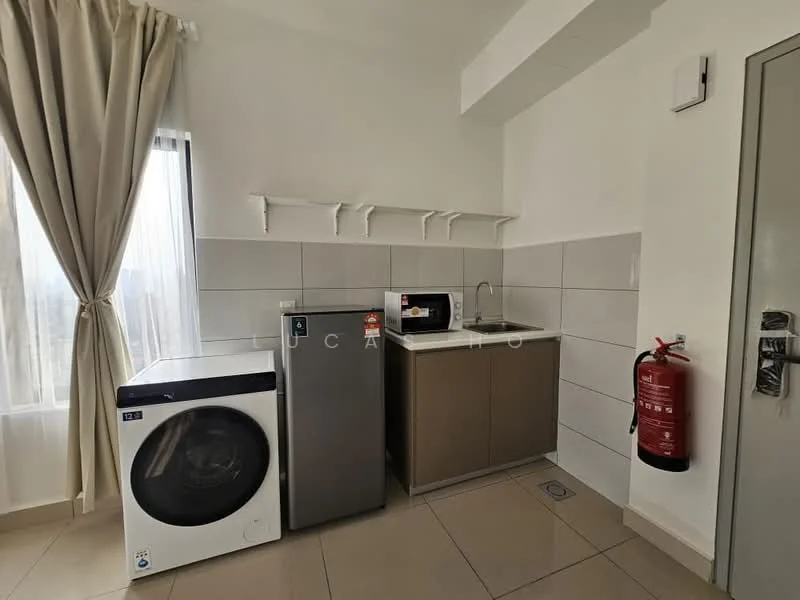 Laundry features: front-load washing machine, stainless-steel fridge, built-in cabinetry, countertop, white tiled walls, cream tiled flooring, window with sheer curtains, fire extinguisher mounted on wall; style: modern.