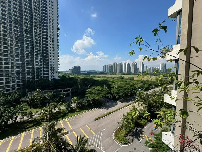 Exterior type: high-rise condominium; features: glass curtain wall, surrounded by mature greenery, palm trees, manicured lawn, urban context with skyline view, multiple high-rise buildings in background; style: modern.