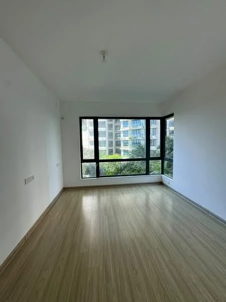 Room features: white painted walls, laminate flooring, floor-to-ceiling windows, view of greenery, natural light, single ceiling light fixture; style: modern; view: garden.
