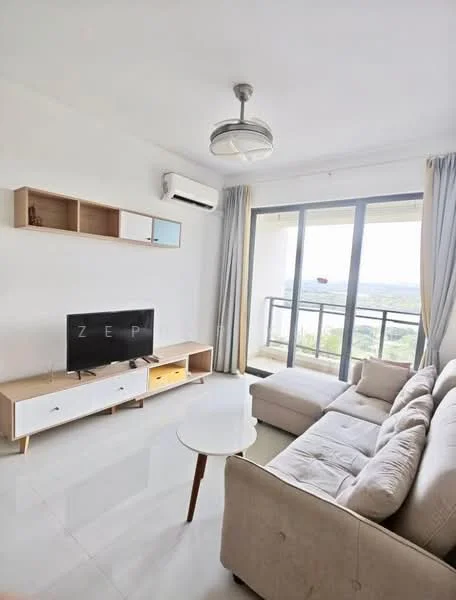 Living features: 3-seater fabric sectional sofa in beige, round coffee table with wooden legs, wall-mounted TV, TV console with storage drawers, white painted walls, sliding glass door to balcony, floor-to-ceiling windows, curtains in light fabric, ceiling light fixture, wall-mounted split AC; style: modern; view: city.