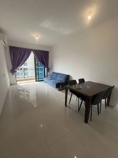 Living features: white painted walls, glossy tile flooring, 5-blade ceiling fan with light, floor-to-ceiling windows, sliding glass door, purple curtains, 3-seater fabric sofa in blue, 4-seater dining table in dark wood, black dining chairs; style: modern; view: city.