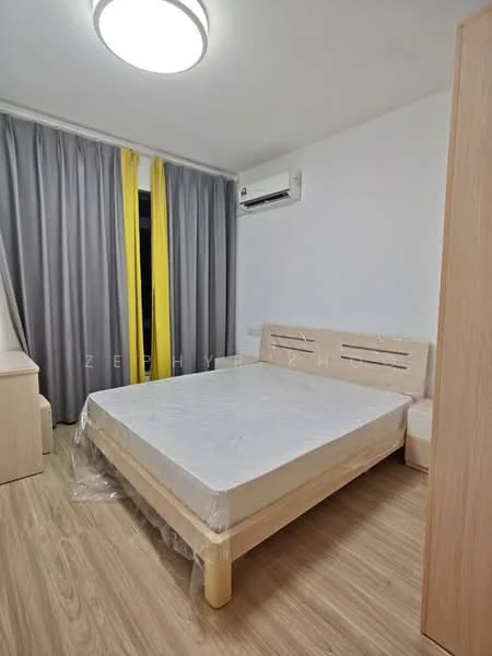 Bedroom features: queen-size bed frame without mattress, light wood headboard, light wood bedside table, light wood dresser, grey curtains, yellow sheer curtains, wall-mounted split AC unit, laminate flooring, ceiling light fixture; style: modern.