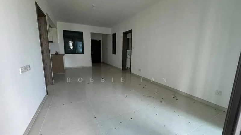 Room features: white painted walls, tile flooring, large window, doorway leading to another room, kitchenette area visible, neutral color scheme, no visible furniture, clean and empty space; style: modern.