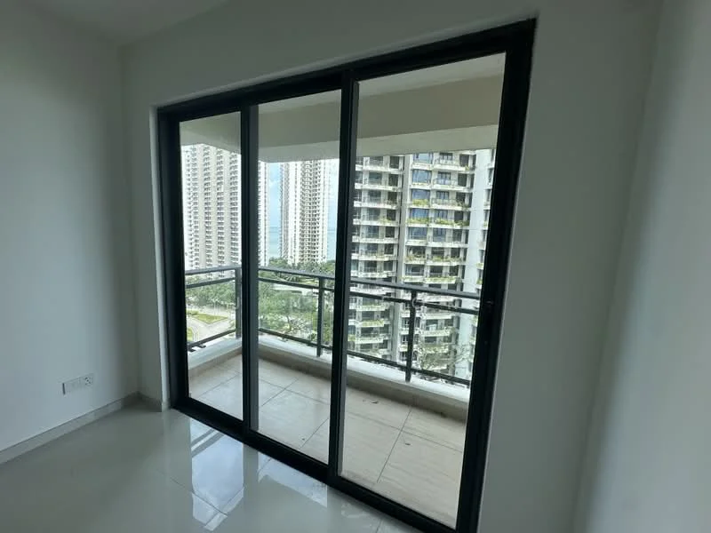 Room features: sliding glass door, floor-to-ceiling windows, white painted walls, tile flooring, balcony with railing, view of neighboring buildings; style: modern; view: city.