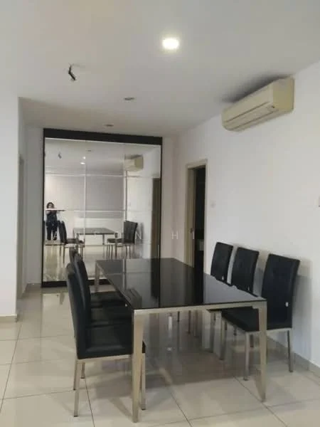 Dining features: black glass dining table, 6 black leather dining chairs, white painted walls, tile flooring, 1 wall-mounted split AC, recessed ceiling lights, mirror wall, doorway to adjacent room; style: modern.