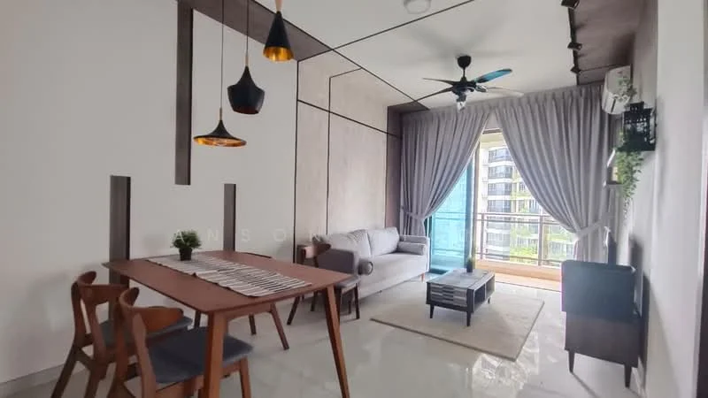 Living features: 3-seater fabric sofa in light grey, coffee table, area rug with geometric pattern, floor-to-ceiling windows, sheer curtains, 5-blade ceiling fan with light, pendant lamps, wall-mounted TV, decorative wall paneling, white painted walls, marble tile flooring; style: modern; view: city. Dining features: 6-seater dining table, wooden dining chairs, table runner, decorative centerpiece; style: modern.