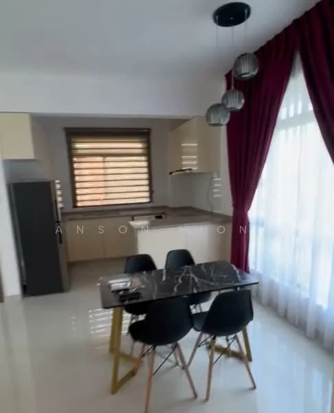 Kitchen features: white cabinetry, black marble countertop, stainless-steel fridge, built-in oven, 4-burner gas hob, single-bowl stainless-steel sink, chrome pull-down faucet, window with horizontal slats, recessed downlights, dining table with black chairs, red curtains, white walls, glossy tile flooring; style: modern.