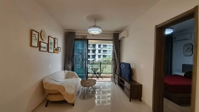 Living features: white painted walls, glossy tile flooring, 5-blade ceiling fan with light, sofa with beige cover, coffee table, wall-mounted TV, TV console, floor-to-ceiling windows, curtains, balcony view; style: modern; view: city. Room features: doorway leading to another room, visible bed in adjacent room.