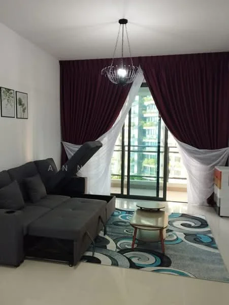 Living features: grey fabric sectional sofa, chandelier light fixture, floor-to-ceiling windows, sheer white curtains, dark red curtains, area rug with abstract pattern, coffee table, wall-mounted artwork, white console cabinet; style: modern; view: city.