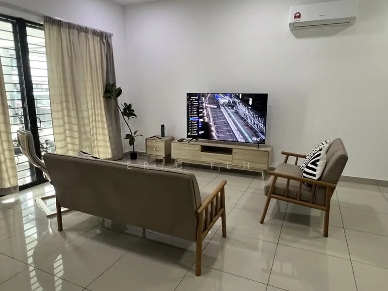 Living features: 2-seater fabric sofa in beige, 3-seater fabric sofa in beige, wooden coffee table, wall-mounted TV, floor-to-ceiling windows, sheer curtains, light-colored walls, glossy tile flooring, 1 wall-mounted split AC, decorative plant in pot, black and white patterned cushion; style: modern.