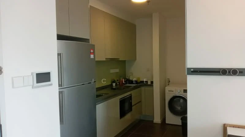 Kitchen features: stainless-steel fridge, built-in oven, 4-burner gas hob, single-bowl stainless-steel sink, chrome pull-down faucet, grey cabinetry, white backsplash, countertop with integrated sink, washing machine, tile flooring, recessed downlights; style: modern.