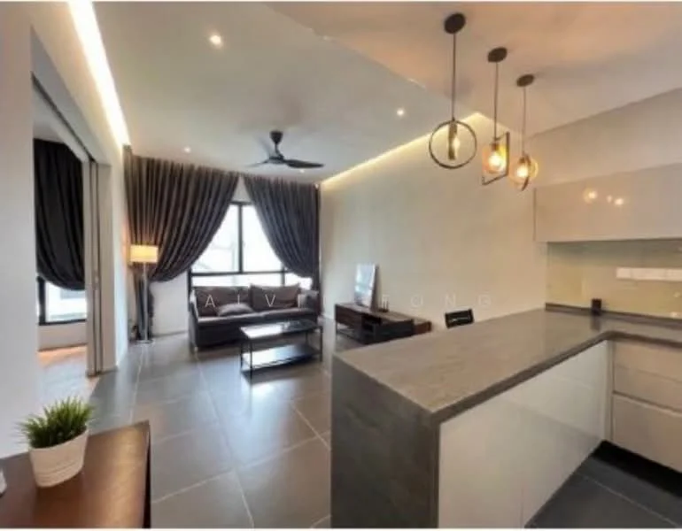 Living features: grey tile flooring, white painted walls, recessed downlights, 5-blade ceiling fan, large floor-to-ceiling window, black leather sofa, wooden coffee table, TV console, decorative plant in pot, curtains, pendant lighting; style: modern; view: city.