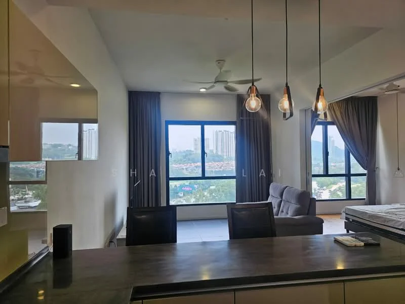 Living features: floor-to-ceiling windows, grey fabric sofa, 3-blade ceiling fan, pendant lighting, curtains, light-colored walls, tile flooring, city view; style: modern; view: city.