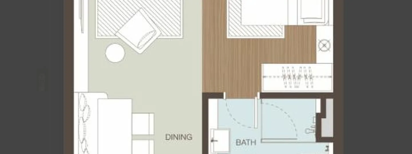 Floor plan: 1-bedroom 1-bathroom unit; features: open-plan kitchen-dining-living, master bedroom with ensuite bathroom, utility room, central foyer.