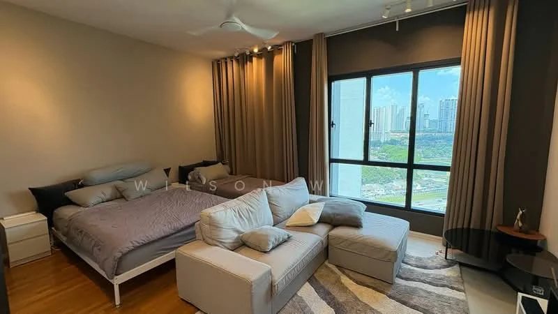 Bedroom features: king-size bed with grey bedding, upholstered headboard, 2 bedside tables, floor-to-ceiling windows, city view, curtains, ceiling fan, light wood flooring, sofa in light grey fabric, decorative cushions, area rug with striped pattern, wall-mounted TV; style: modern; view: city.