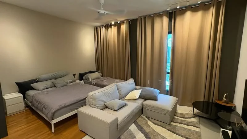 Bedroom features: queen-size bed with grey bedding, upholstered headboard, 2 bedside tables, sofa sectional in light grey, coffee table, floor-to-ceiling windows, sheer curtains, wooden flooring, ceiling fan, wall-mounted TV, decorative cushions; style: modern.