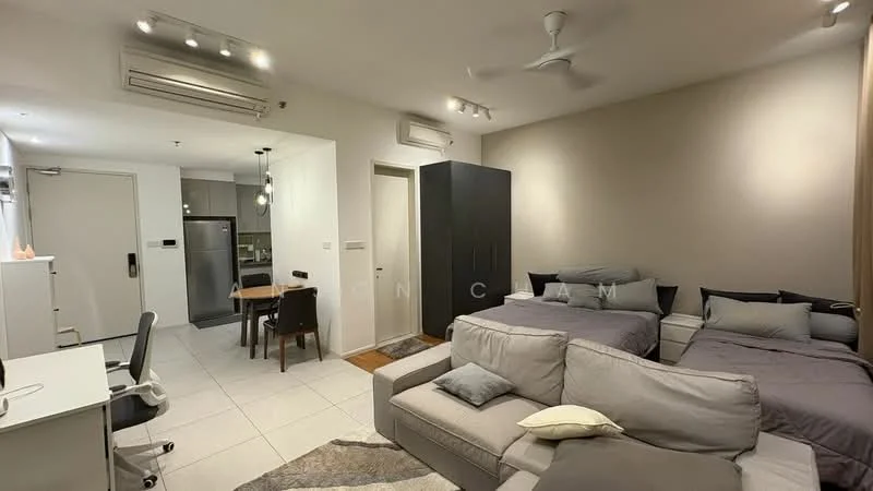 Living features: 2 single beds with grey bedding, 3-seater fabric sofa in light grey, area rug with geometric pattern, dining table for 2 with black chairs, wall-mounted air conditioning unit, ceiling fan, white painted walls, tile flooring, built-in wardrobe in dark wood, floor-to-ceiling window with sheer curtains; style: modern. Kitchen features: kitchen island with bar stools, stainless-steel fridge, built-in oven, 4-burner gas hob, black cabinetry, white countertop, wall-mounted microwave; style: modern.